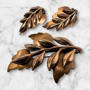 Vintage 1950 Renoir Copper Leaf Brooch & Earring Set MINT
